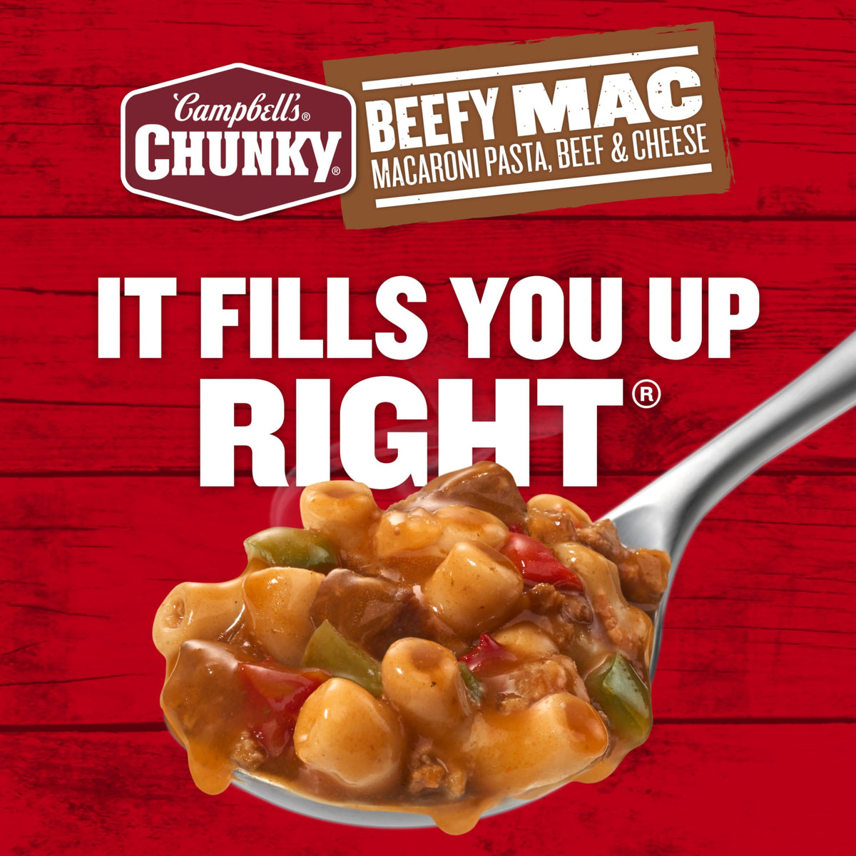 Campbell’s Chunky Beefy Mac Soup served at a cozy table.