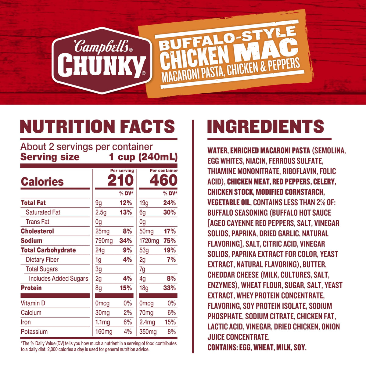 Campbell’s Chunky Buffalo-Style Chicken Mac Soup back label, nutrition and serving info