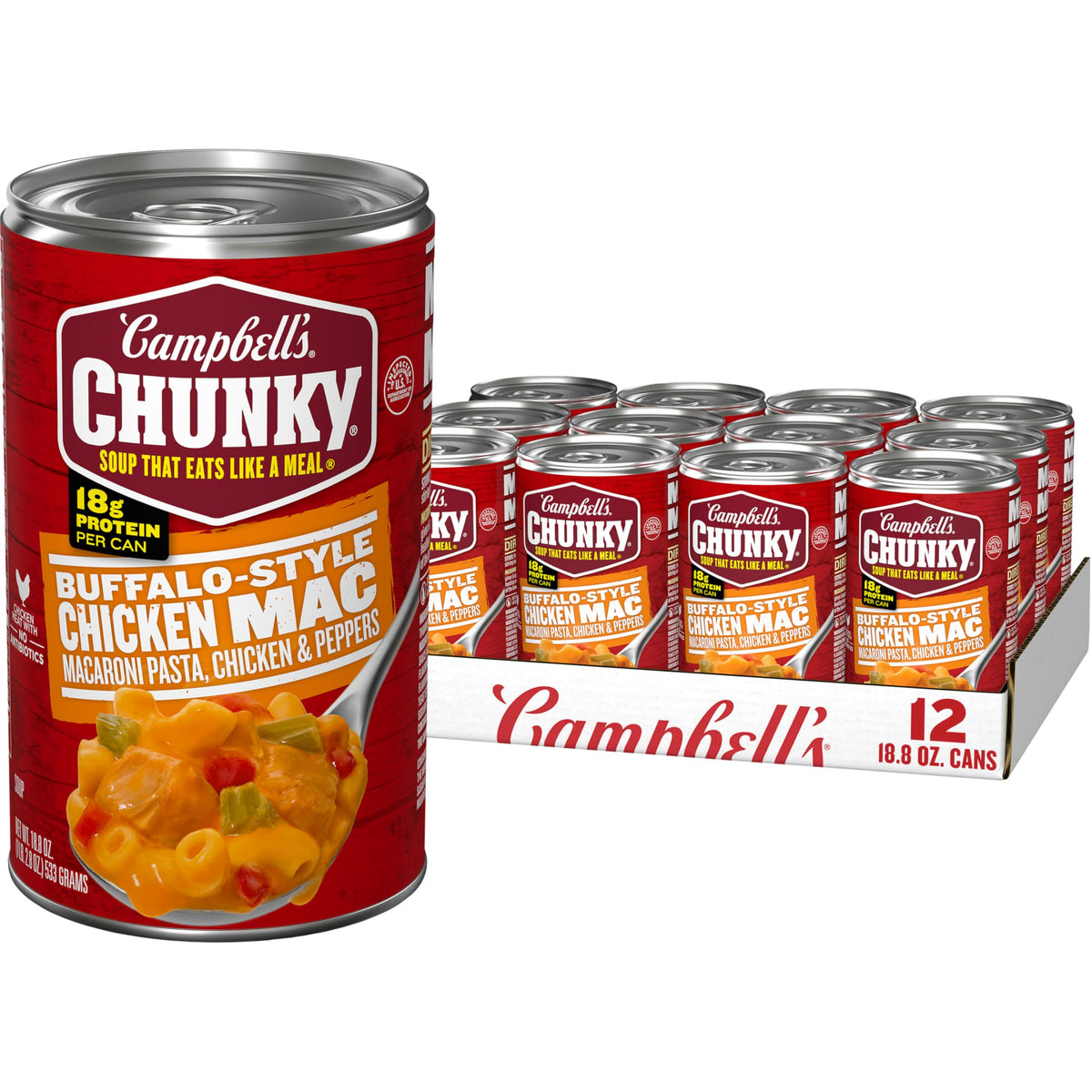 Campbell’s Chunky Buffalo-Style Chicken Mac Soup can front, high-protein comfort meal