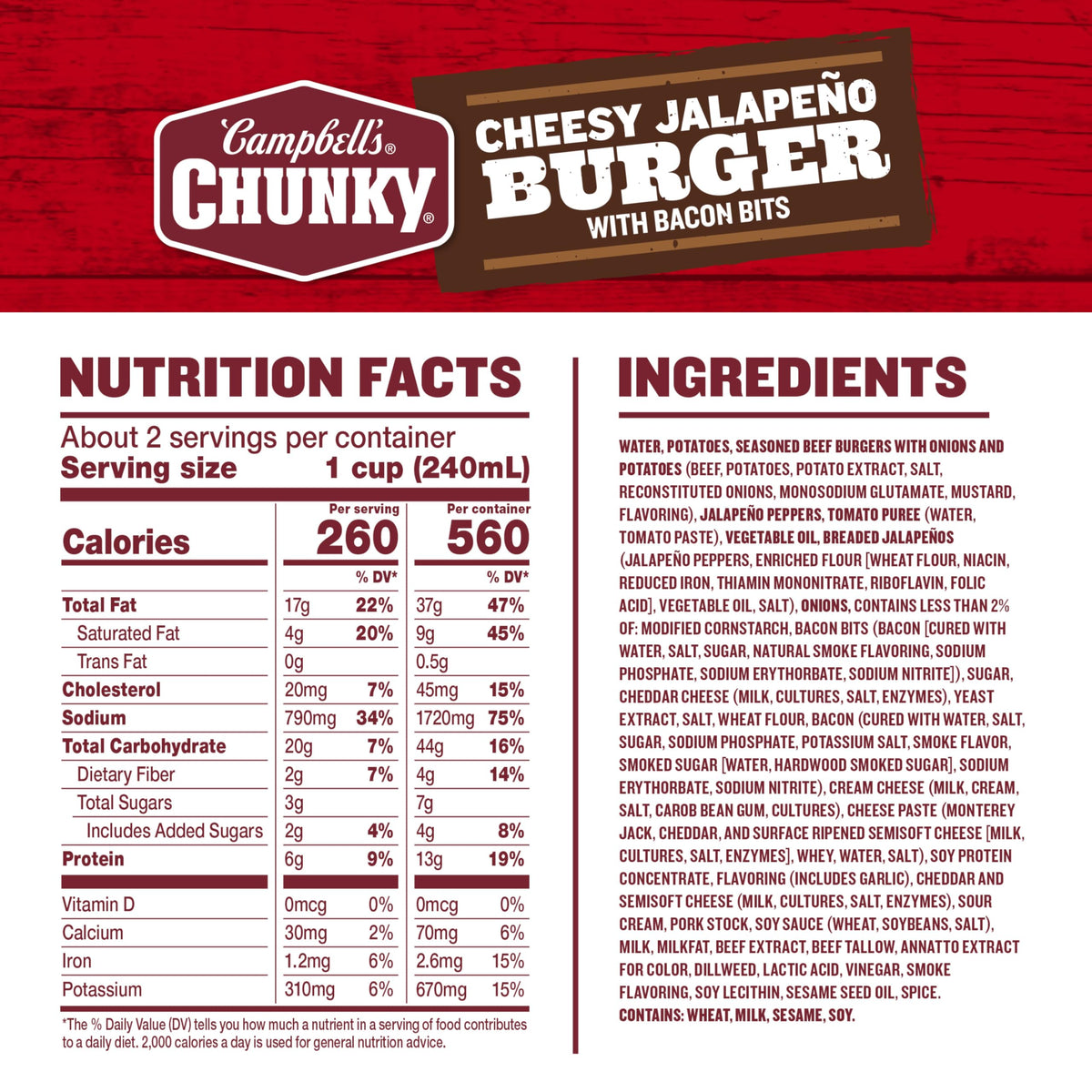 Close-up of Campbell's Chunky can showing a filling 18.8 oz serving size.