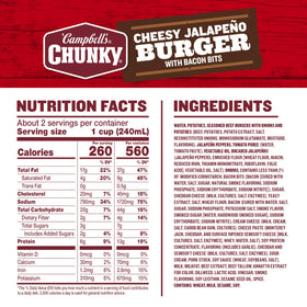 Close-up of Campbell's Chunky can showing a filling 18.8 oz serving size.