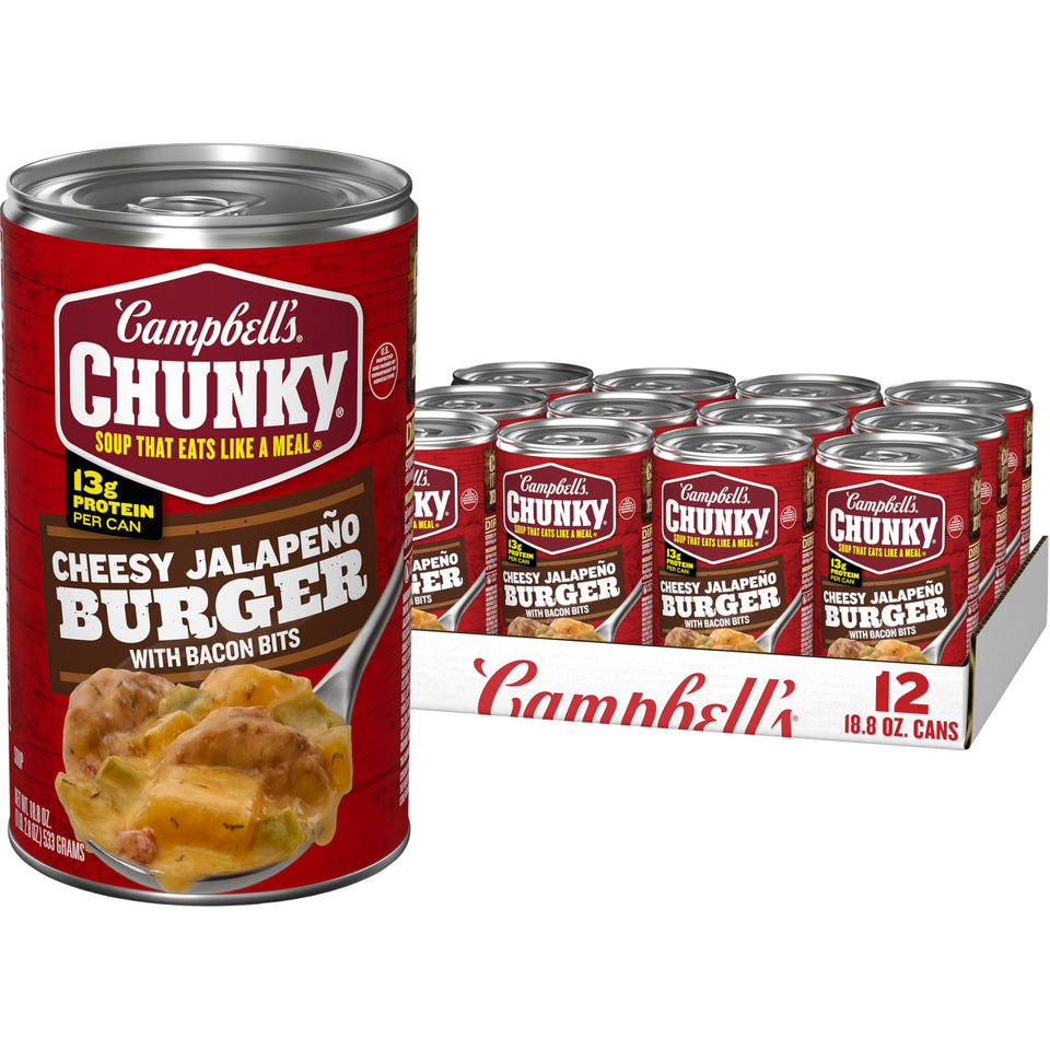 Campbell's Chunky Cheesy Jalapeño Burger with Bacon Bits label signals a hearty, ready-to-eat meal option.