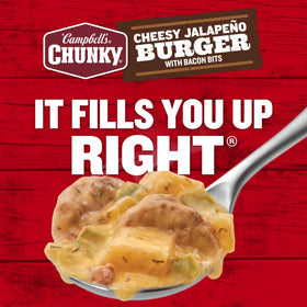 Shelf-stable Campbell's Chunky can implying pantry-friendly, two-serving meals.