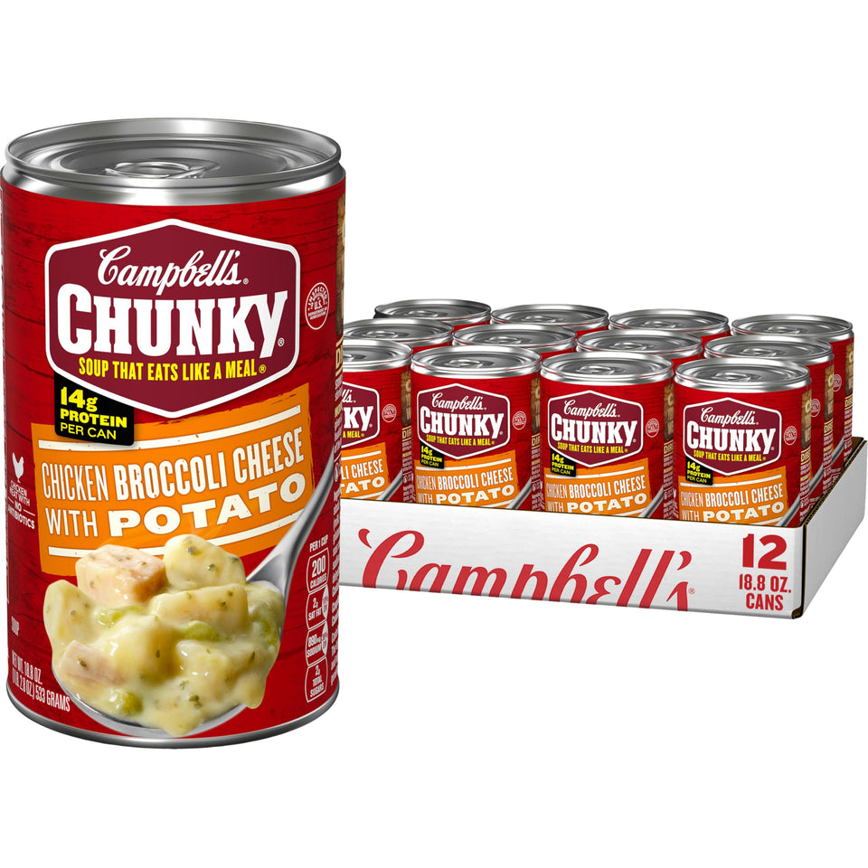 Campbell's Chunky Chicken Broccoli Cheese Soup can-front view, ideal for a quick, satisfying lunch