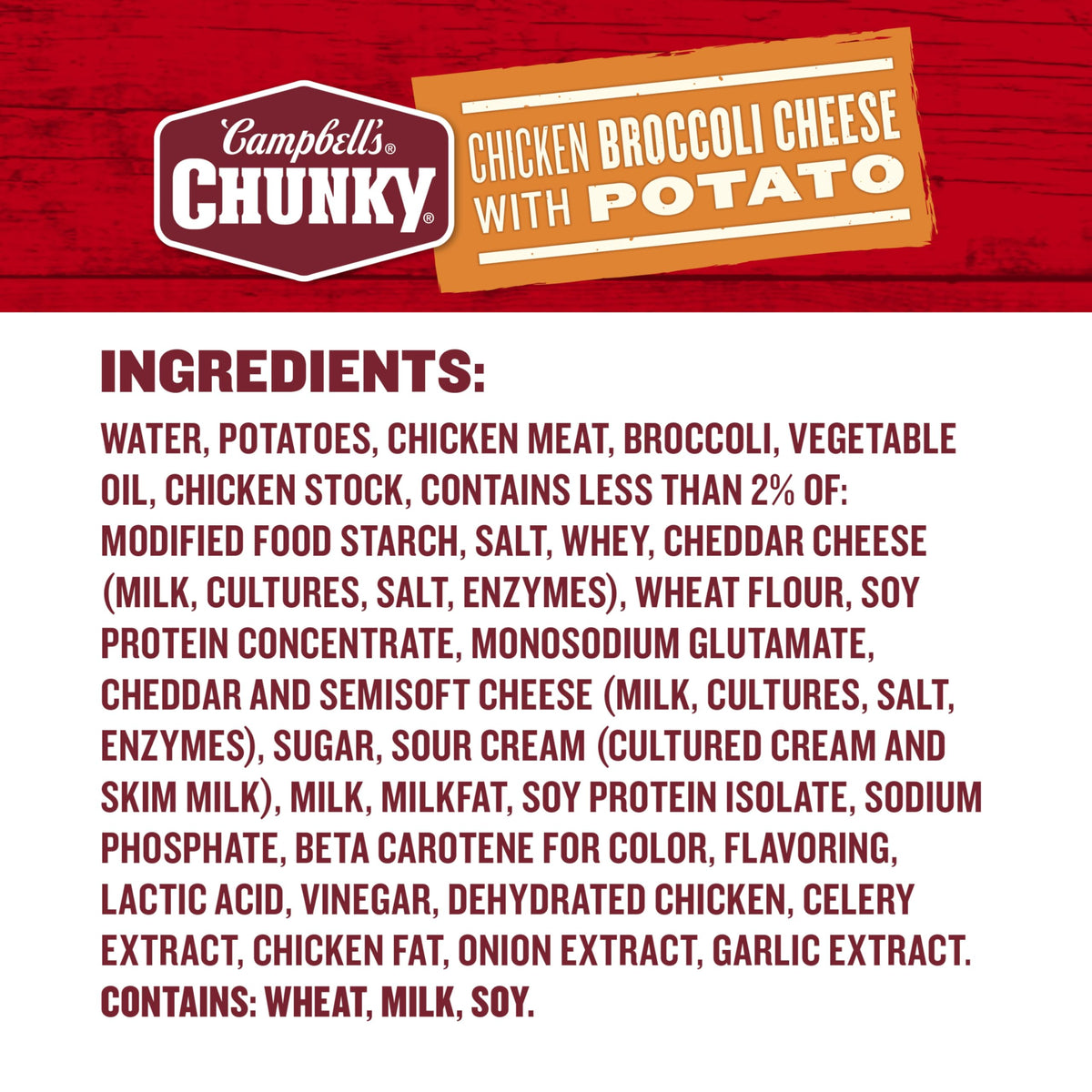 Campbell's Chunky Chicken Broccoli Cheese Soup nutrition close-up shows protein content and key ingredients