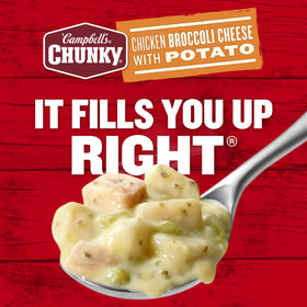 Campbell's Chunky Chicken Broccoli Cheese Soup case-packs-12 on a pantry shelf