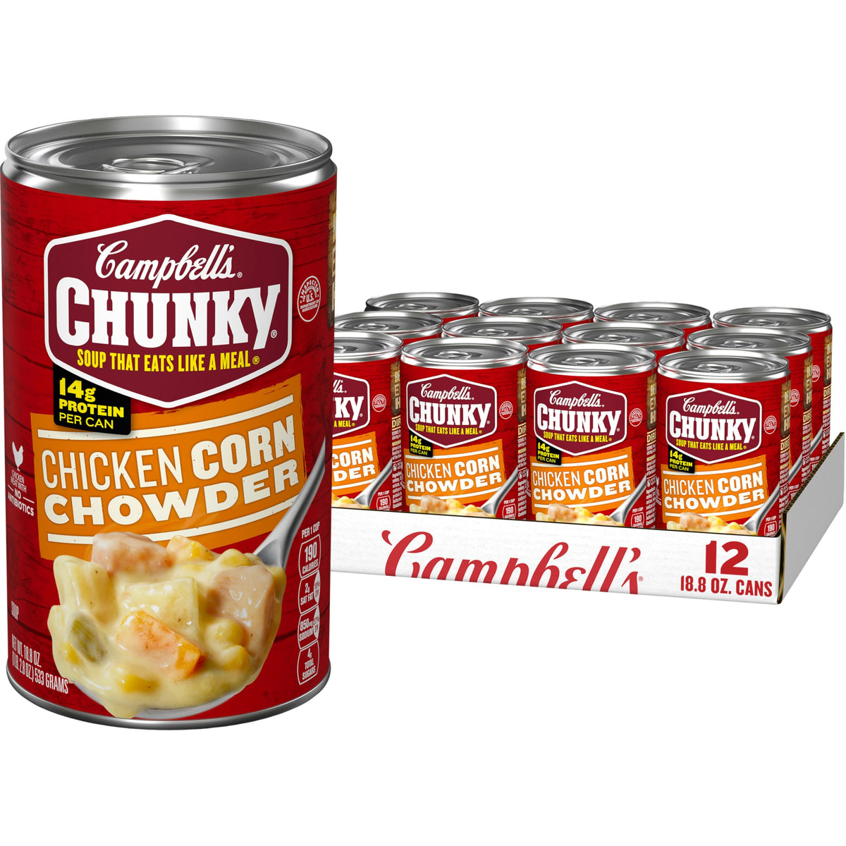 Campbell's Chunky Chicken Corn Chowder can front with protein-packed pieces.