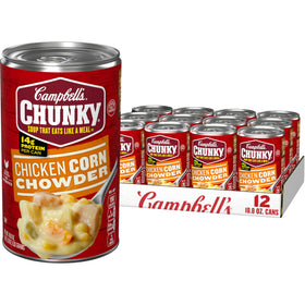Campbell's Chunky Chicken Corn Chowder can front with protein-packed pieces.