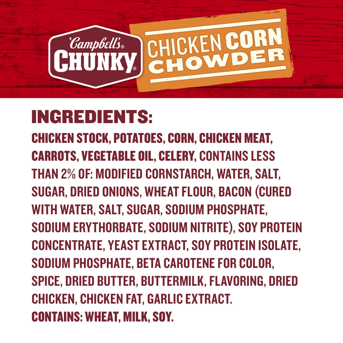 Campbell's Chunky Chicken Corn Chowder case pack on shelf for pantry meals.