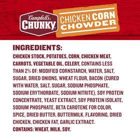 Campbell's Chunky Chicken Corn Chowder case pack on shelf for pantry meals.