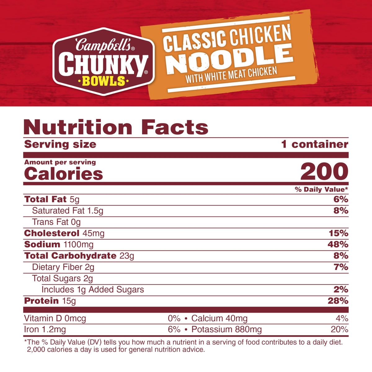 Campbell's Chunky Chicken Noodle Soup close-up shows carrots, celery, and noodles for quick lunch.