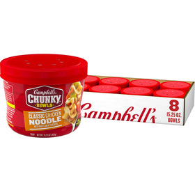 Campbell's Chunky Chicken Noodle Soup bowl front view with hearty chicken chunks for a comforting meal.