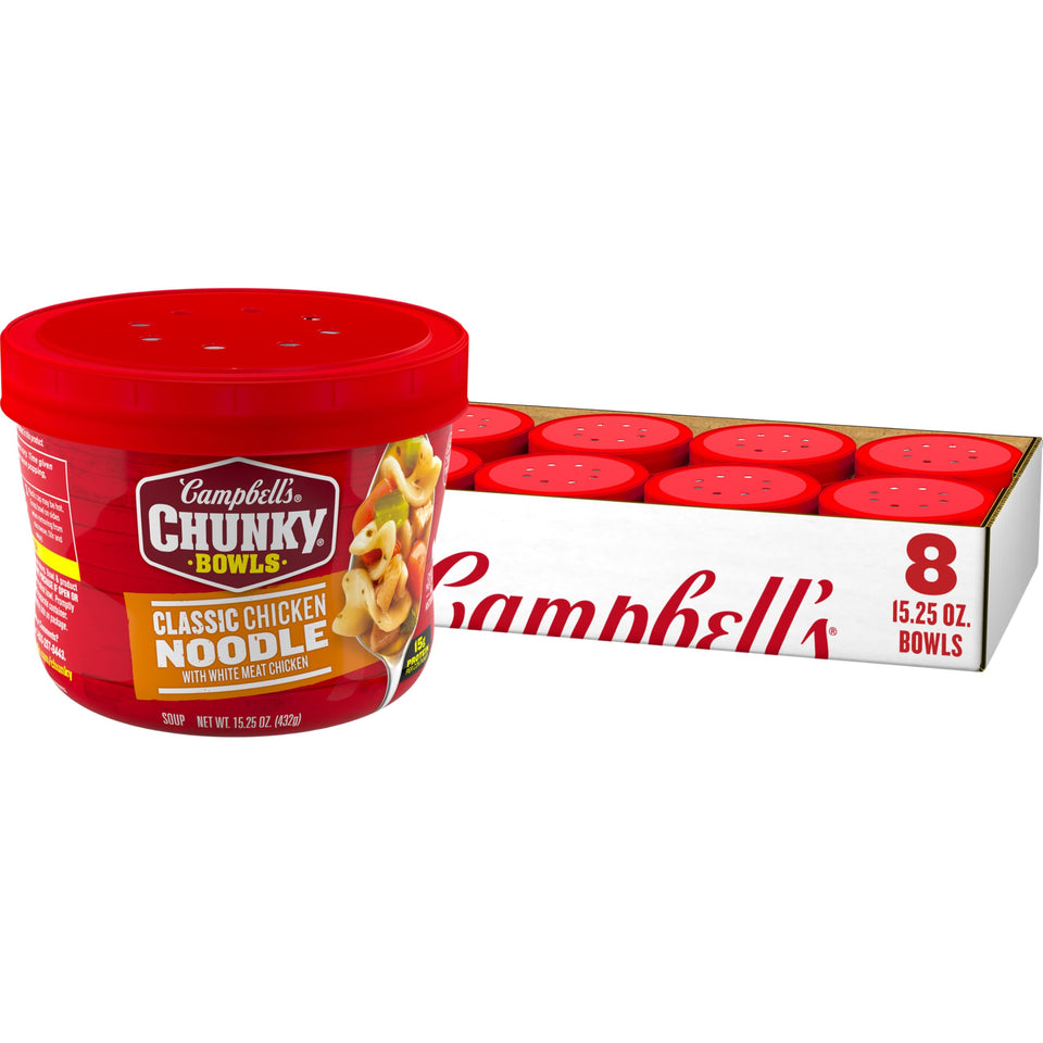 Campbell's Chunky Chicken Noodle Soup bowl front view with hearty chicken chunks for a comforting meal.