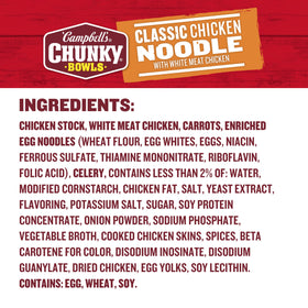 Campbell's Chunky Chicken Noodle Soup microwavable bowl ready to heat and enjoy.
