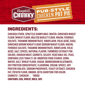 Campbell’s Chunky Chicken Pot Pie Soup with visible chicken, peas, carrots, and dumplings for heartiness.