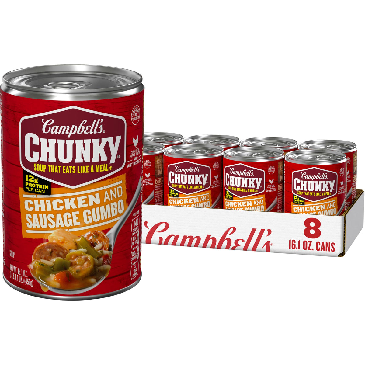 Campbell's Chunky Chicken and Sausage Gumbo can front signals a hearty quick meal option.