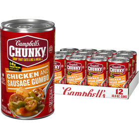 Campbell's Chunky Chicken and Sausage Gumbo can label highlighting protein-packed convenience.