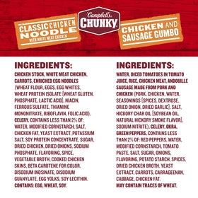 Campbell's Chunky Chicken Sausage Gumbo cans with hearty chunks