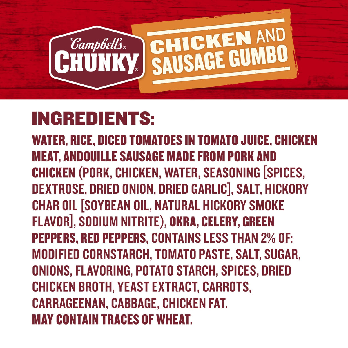 Campbell's Chunky Chicken and Sausage Gumbo close-up of okra suggests a veggie-rich bite.