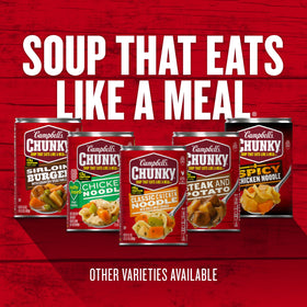 Campbell's Chunky Gumbo stacked in pantry for quick weeknight dinners.