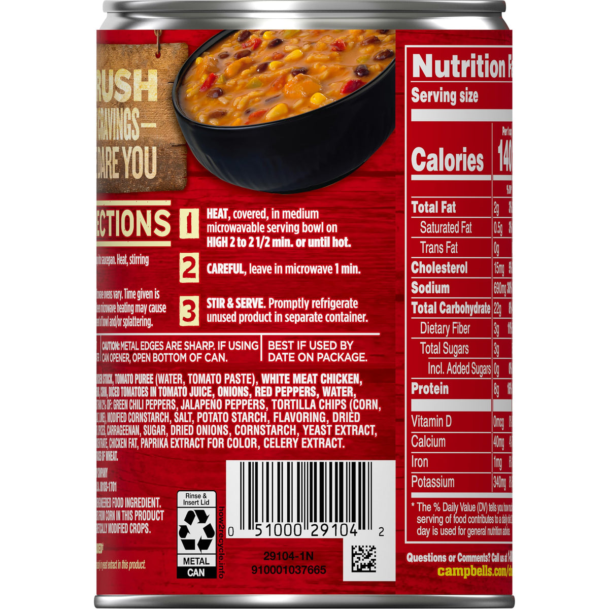 Outdoors campfire-ready Campbell’s Chunky Chicken Tortilla Soup warms meals fast.