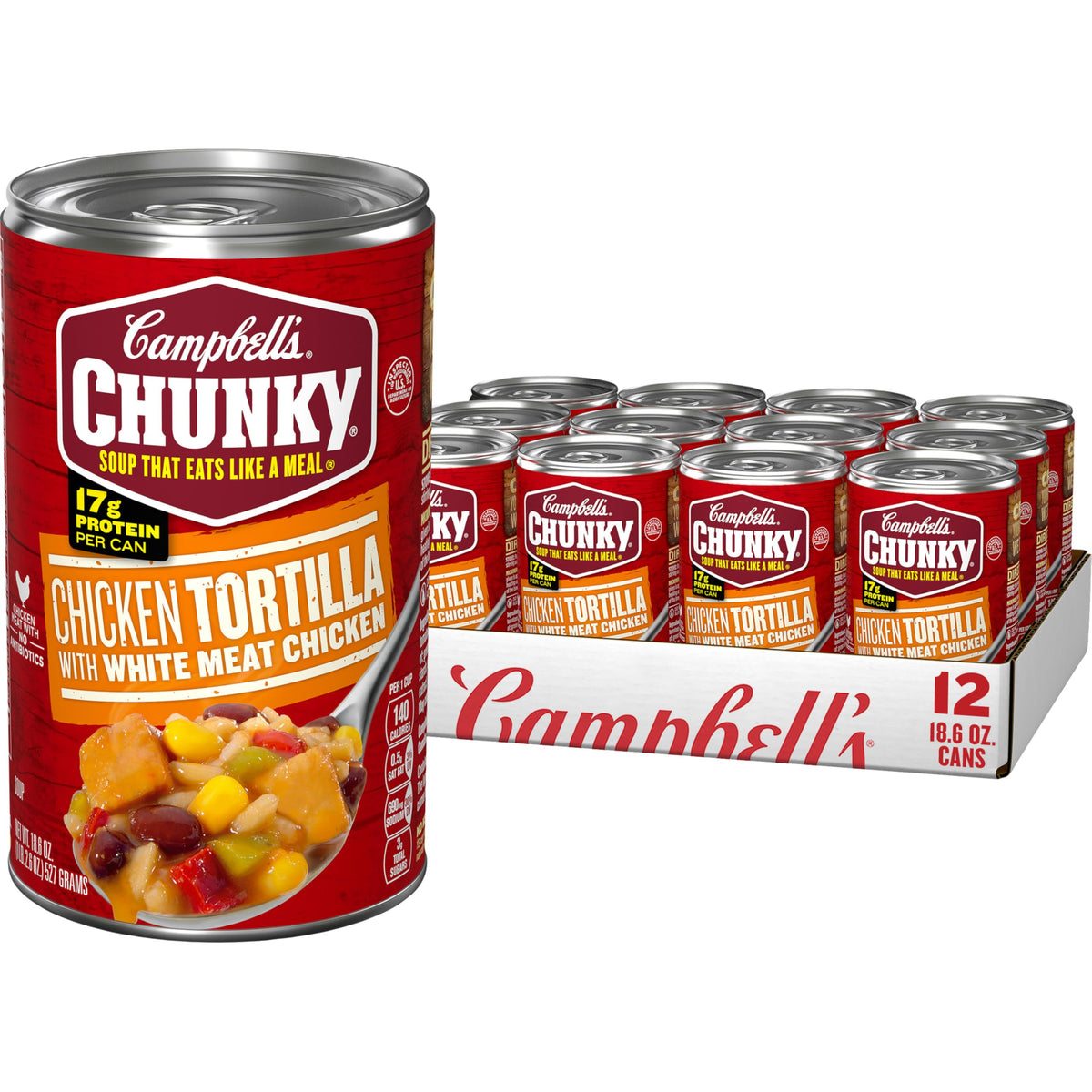 Campbell's Chunky Chicken Tortilla soup can close-up showing hearty protein-packed meal for busy days