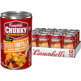 Campbell's Chunky Chicken Tortilla soup can close-up showing hearty protein-packed meal for busy days