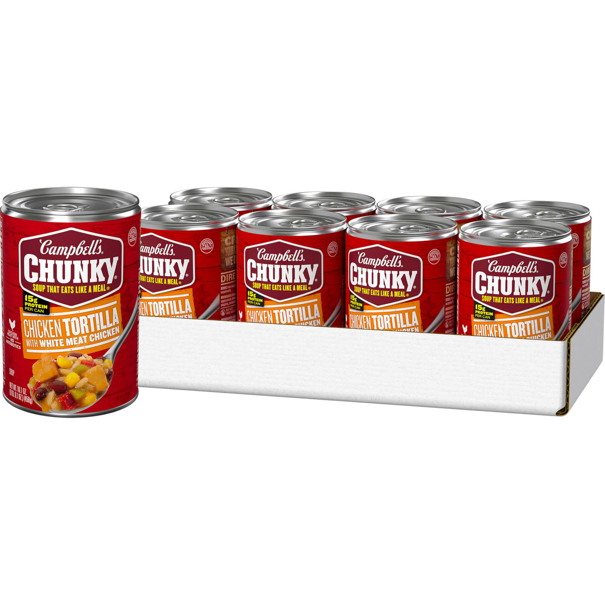 Campbell’s Chunky Chicken Tortilla Soup can front view — protein-packed ready meal.