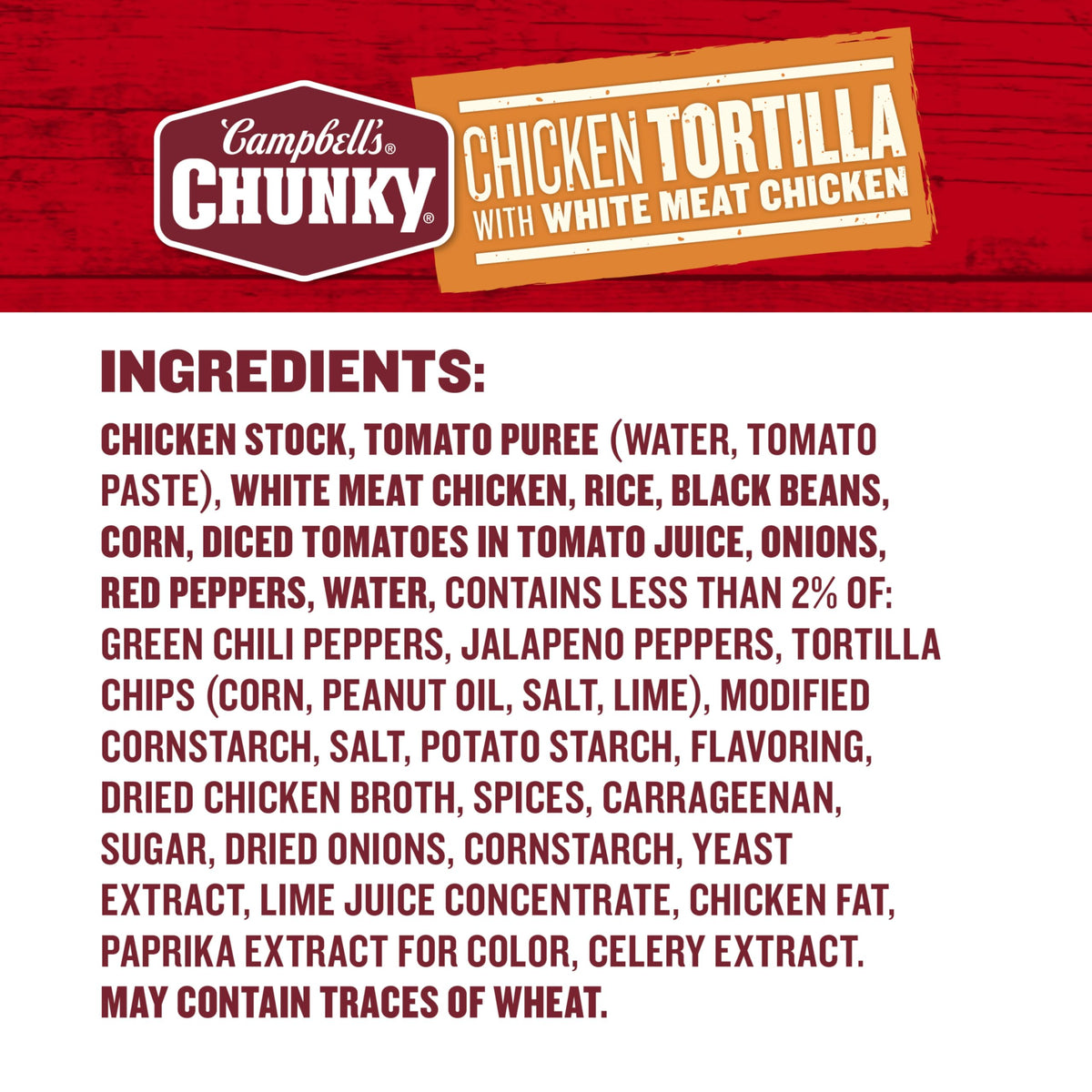 Close-up of diced tomato, black beans, and rice in Campbell’s Chunky Chicken Tortilla Soup.
