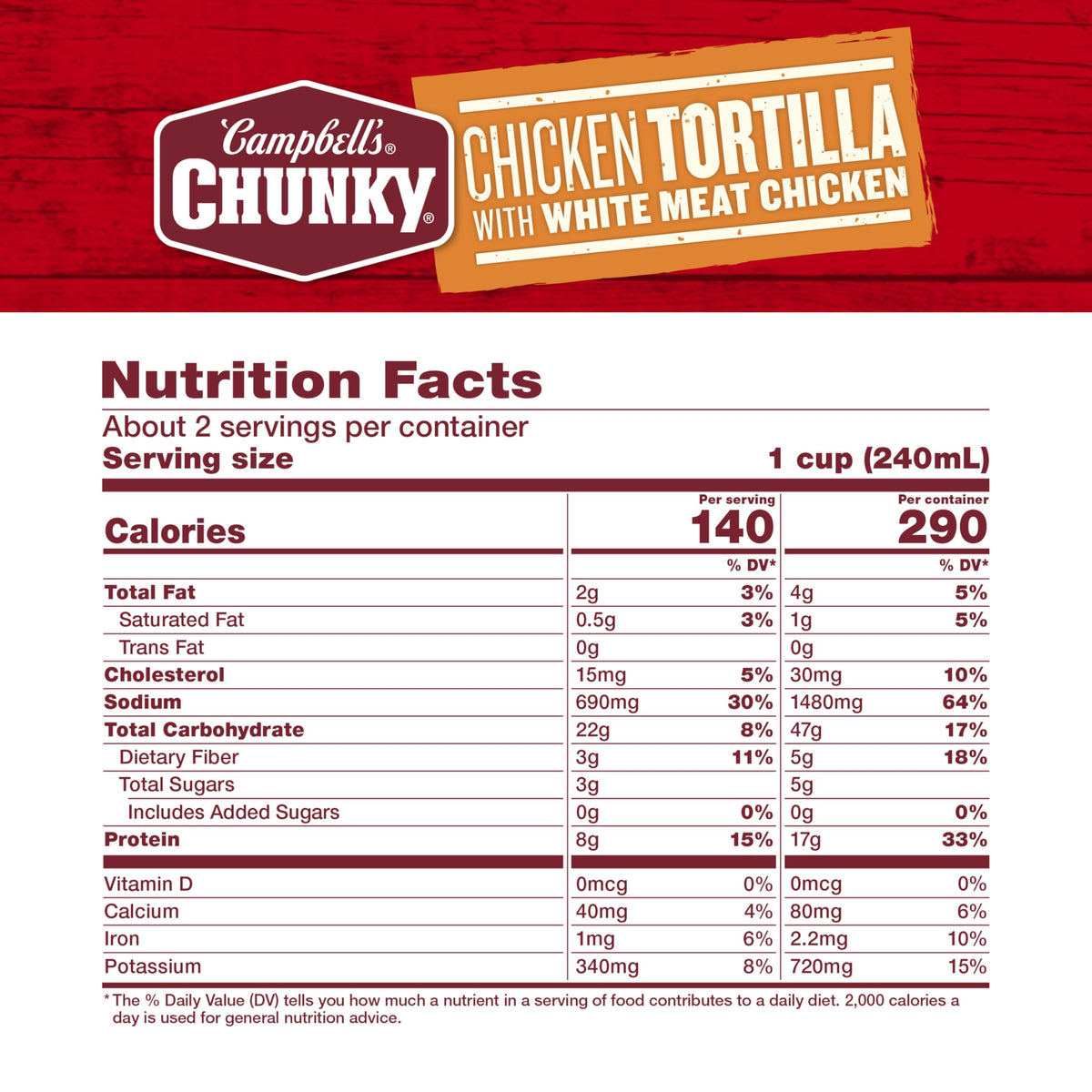 Campbell's Chunky Chicken Tortilla Soup ingredients in can, ready to heat and enjoy