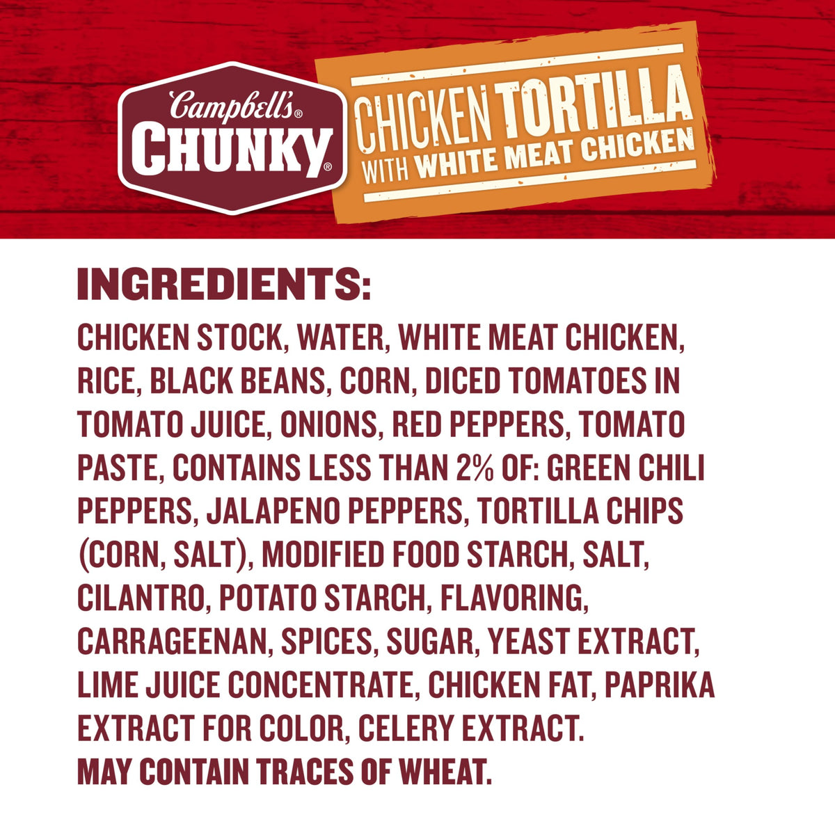 Campbell's Chunky Chicken Tortilla Soup nutrition label highlights 17g protein per can