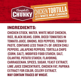 Campbell's Chunky Chicken Tortilla Soup nutrition label highlights 17g protein per can