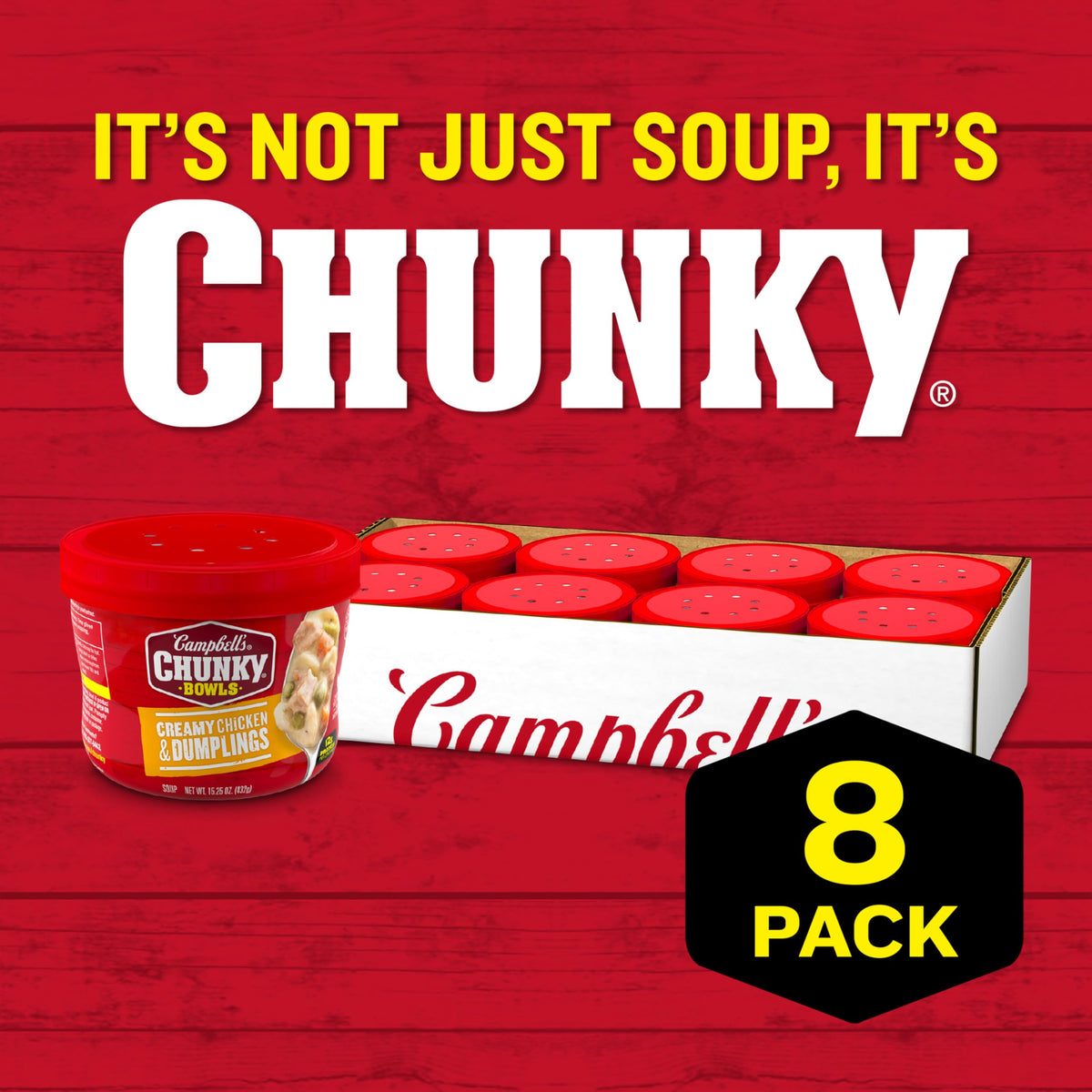 Campbell's Chunky chicken and vegetables with dumplings showing hearty chunks for lunch on the go.