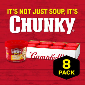 Campbell's Chunky chicken and vegetables with dumplings showing hearty chunks for lunch on the go.
