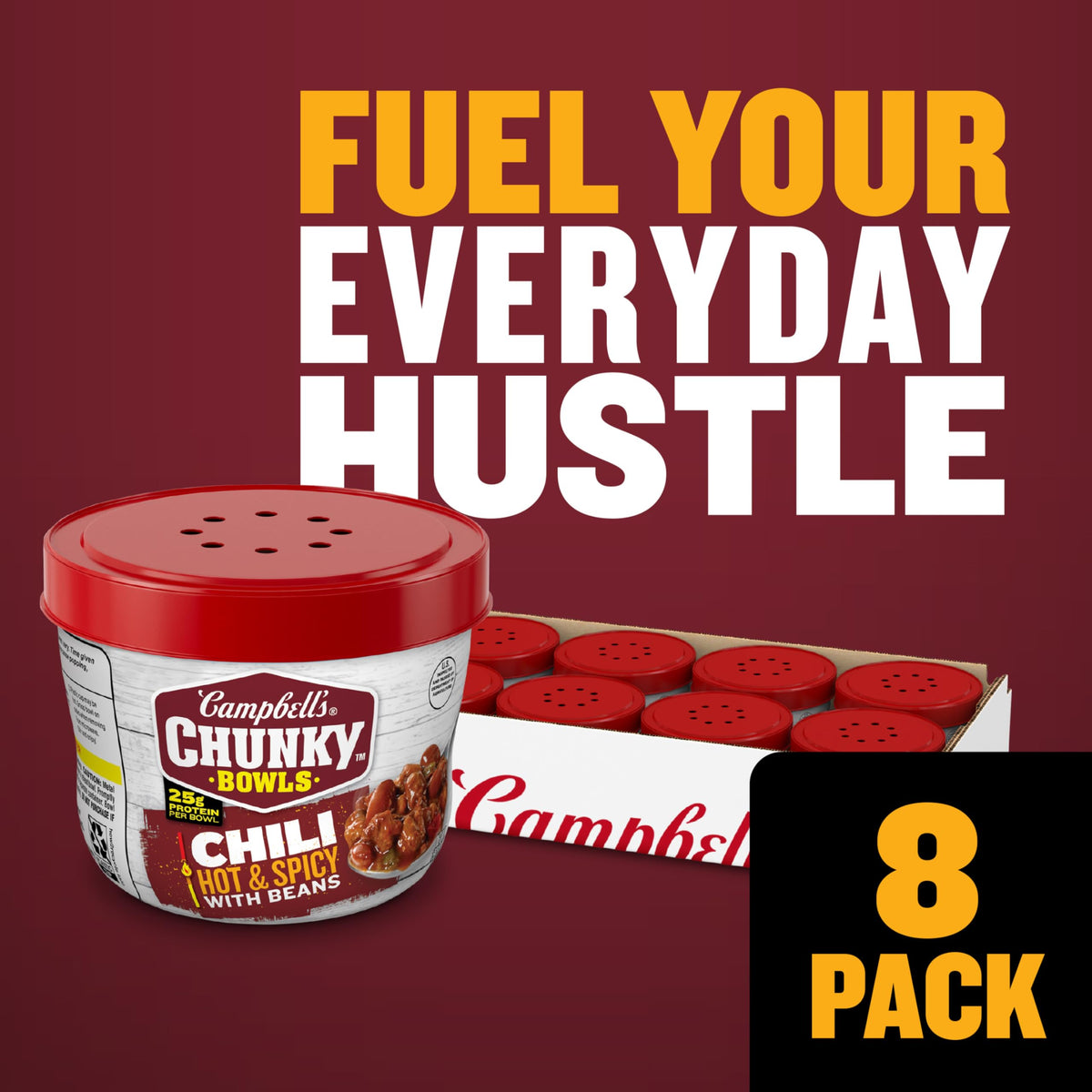 Campbell's Chunky Chili with beans close-up showing kidney beans and peppers for flavor.