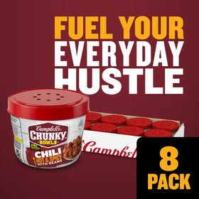 Campbell's Chunky Chili with beans close-up showing kidney beans and peppers for flavor.