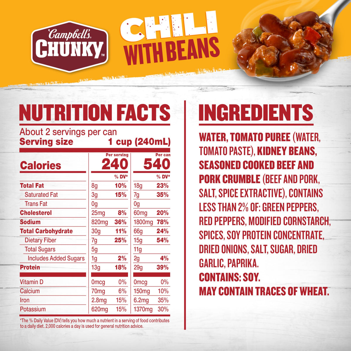 Campbell's Chunky Chili with Beans close-up shows meat and beans
