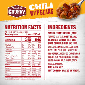 Campbell's Chunky Chili with Beans close-up shows meat and beans