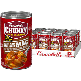 Campbell's Chunky Chili Dog Mac Soup cans in a 12-pack, perfect for quick weeknight meals.