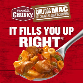 Game-day friendly serving idea with Campbell's Chunky Chili Dog Mac Soup.