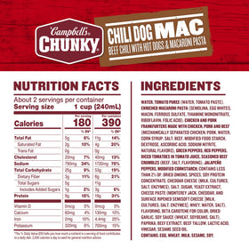 Close-up of Campbell's Chunky Chili Dog Mac Soup ingredients highlights hot dogs and peppers.