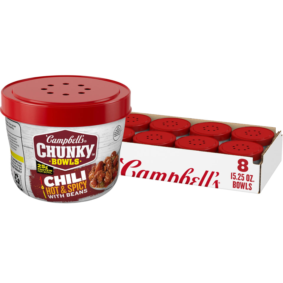 Campbell's Chunky Chili hot and spicy with beans in a microwavable bowl for quick meals.