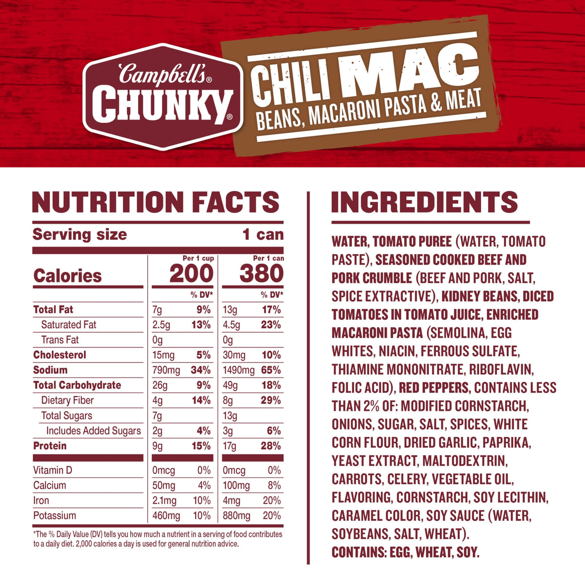 Campbell's Chunky Chili Mac with beef and pork crumble for a protein-packed bite.