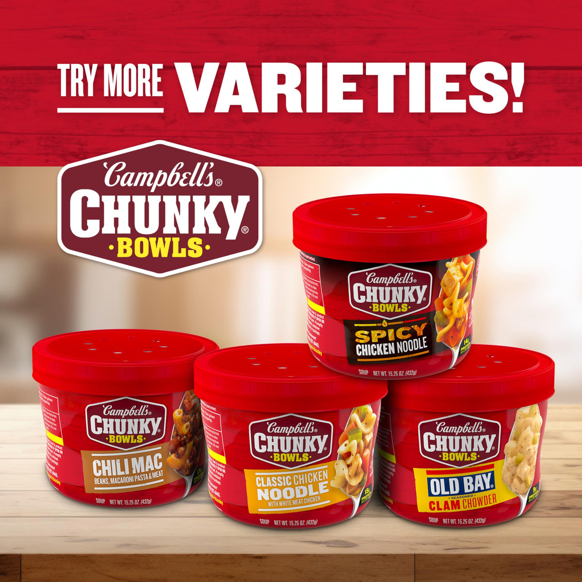 Campbell's Chili Mac with 17 g protein per bowl.