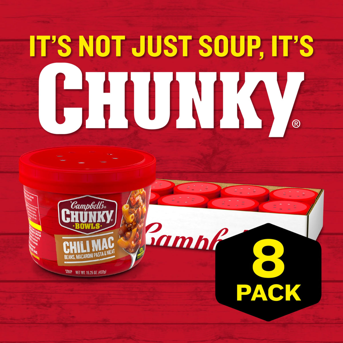 Campbell's Chunky Chili Mac Soup bowl ready to heat and enjoy a quick meal.