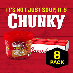 Campbell's Chunky Chili Mac Soup bowl ready to heat and enjoy a quick meal.
