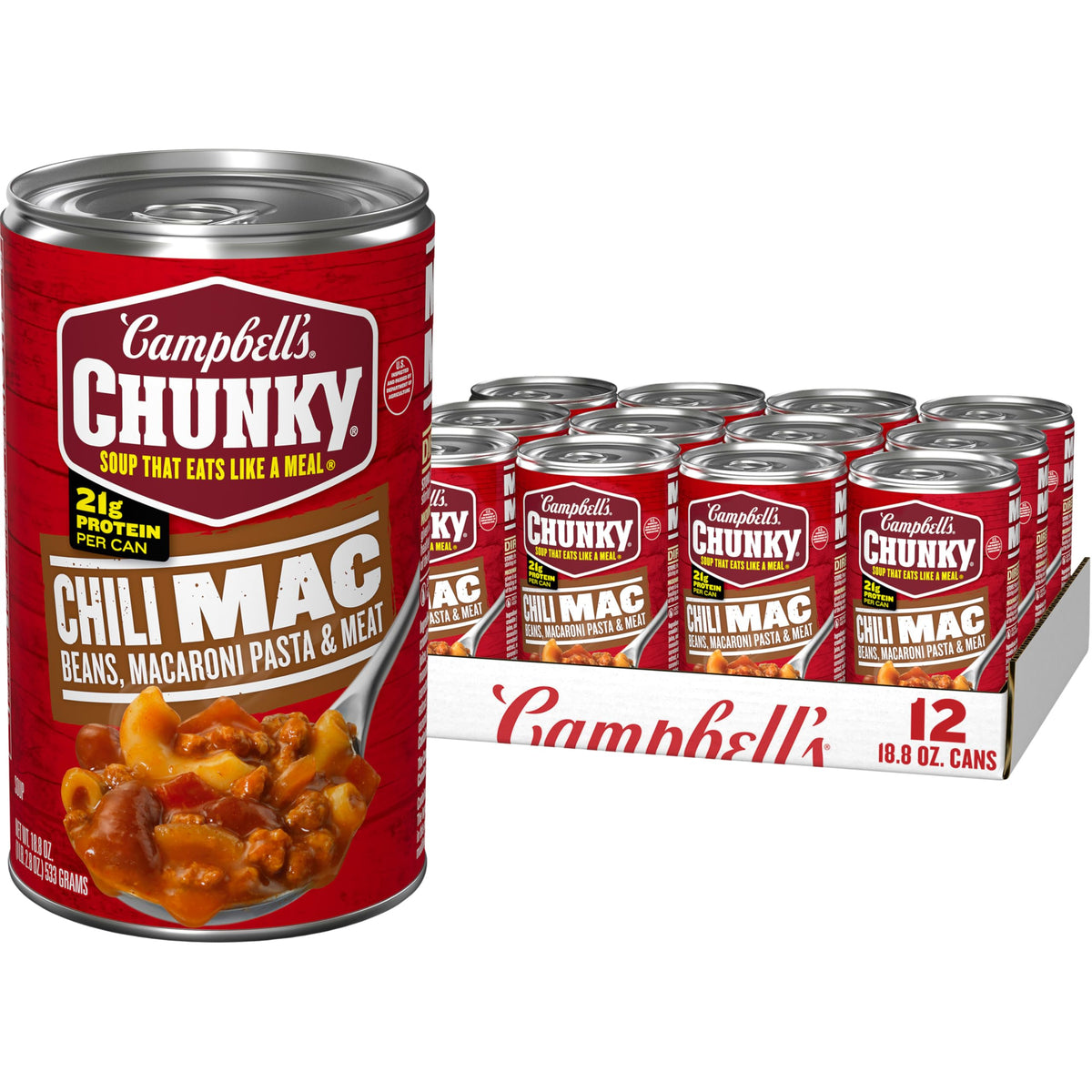 Campbell’s Chunky Chili Mac Soup can close-up showing hearty chunks and protein boost