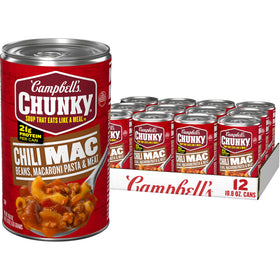 Campbell’s Chunky Chili Mac Soup can close-up showing hearty chunks and protein boost