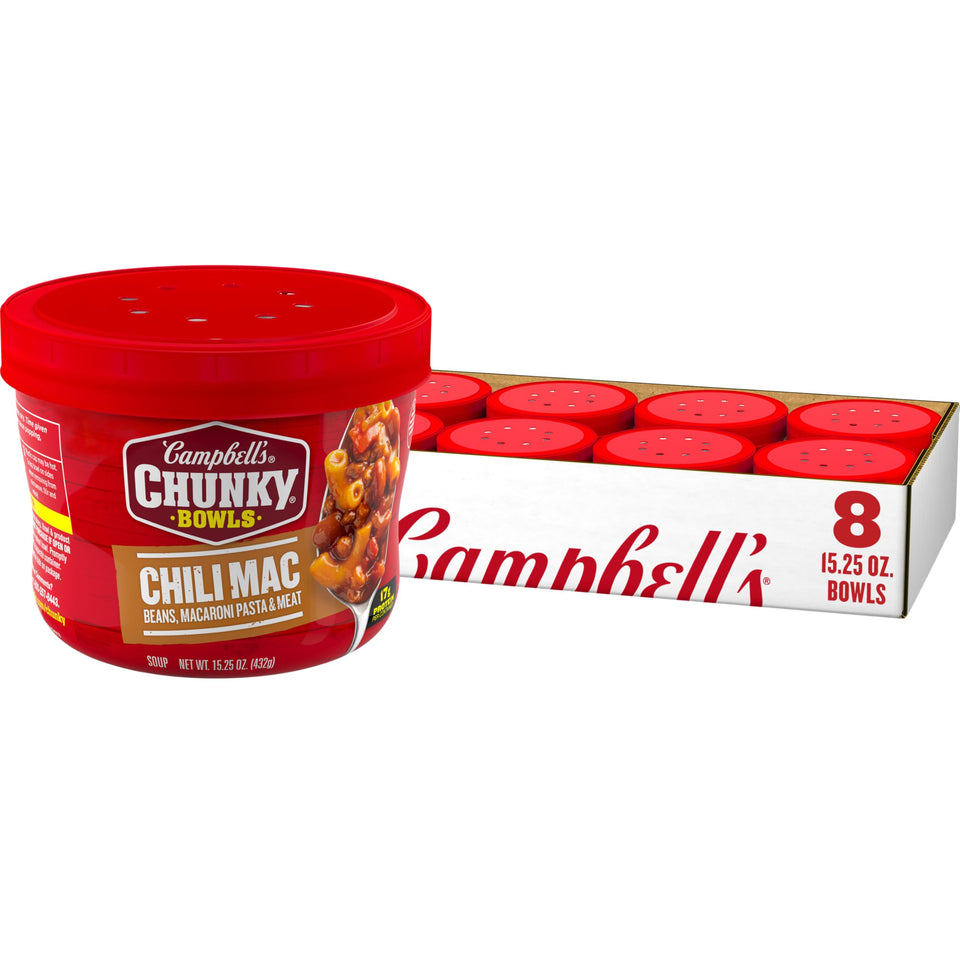 Campbell's Chunky Chili Mac Soup case of eight bowls for bulk meals.