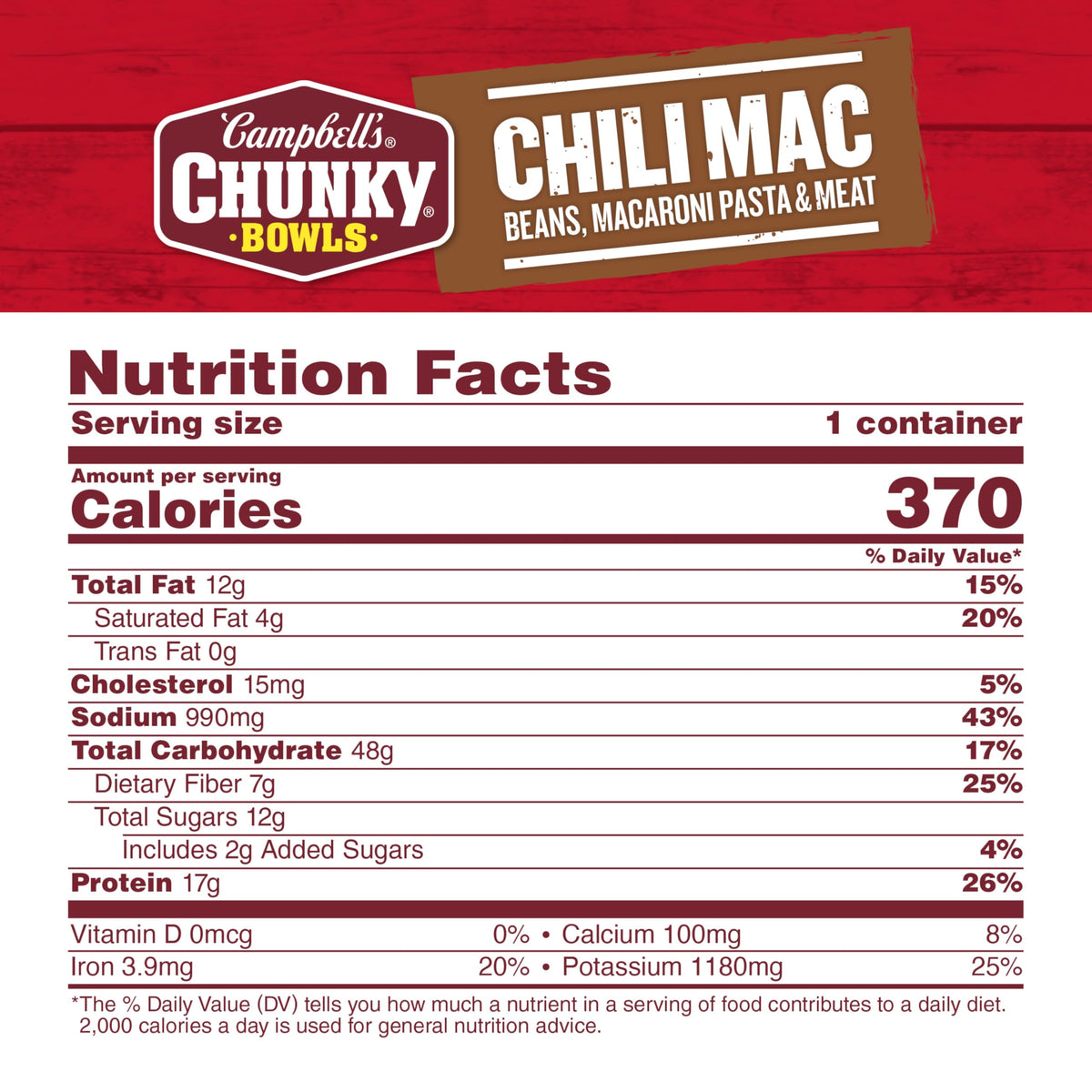 Campbell's Chunky Chili Mac Soup serving idea with steam and energy.